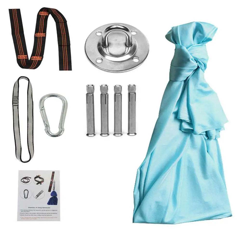 Light blue satin therapy swing hammock sling with hardware and daisy chains for indoor and outdoor use