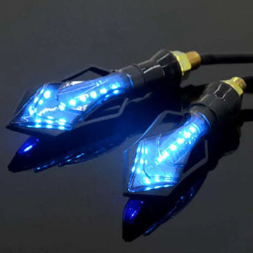 Blue led motorcycle turn signals with sleek angular design and black housing for motorcycle modification accessories