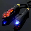 Black motorcycle turn signals with blue led motorcycle lights and red accents featuring a sleek angular design for modification accessories
