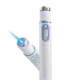 White cylindrical acne laser pen with silver accents emitting blue light for light therapy acne treatment