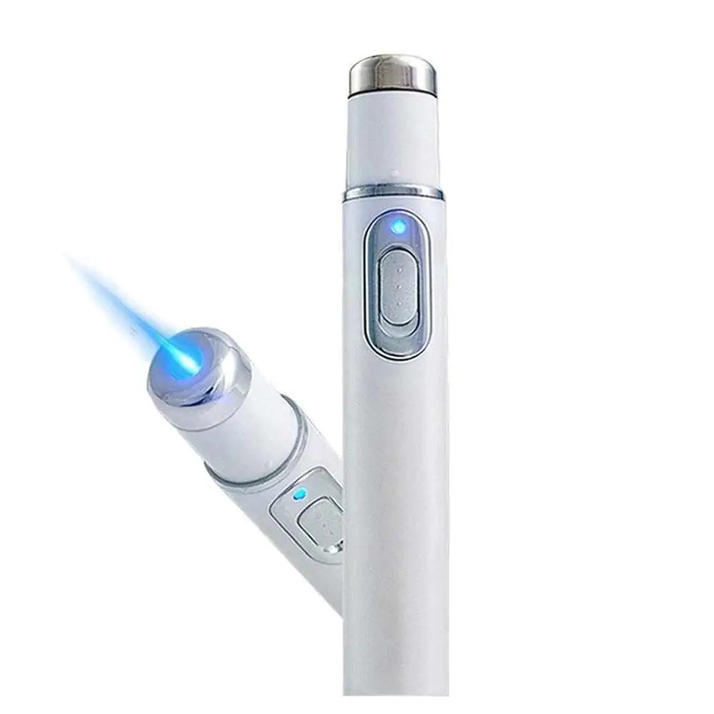 White cylindrical acne laser pen with silver accents emitting blue light for light therapy acne treatment