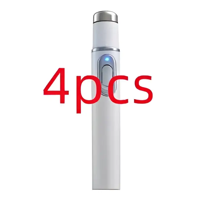 White cylindrical blue light therapy acne laser pen with silver metallic cap and illuminated button for acne treatment