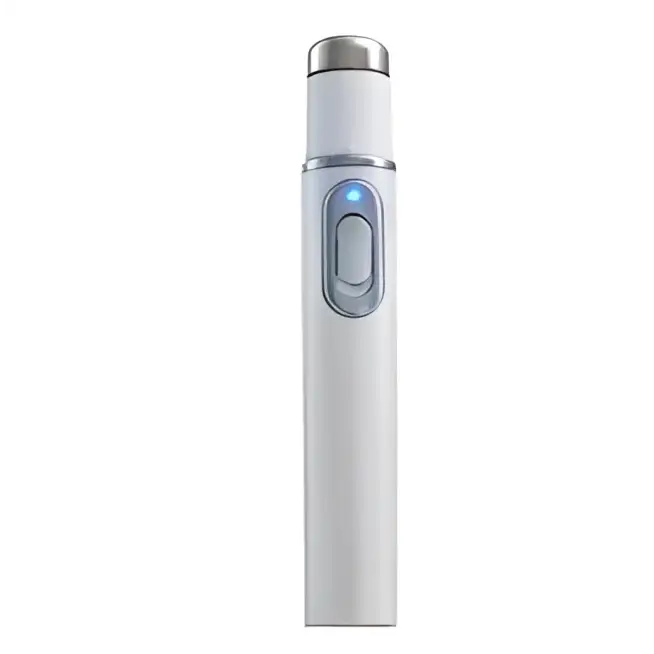 White cylindrical blue light therapy acne laser pen with silver accents and glowing blue button for acne treatment