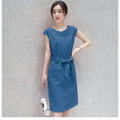 Blue petite fashion lace-up student dress with tied waistband front pockets and sleeveless knee-length design
