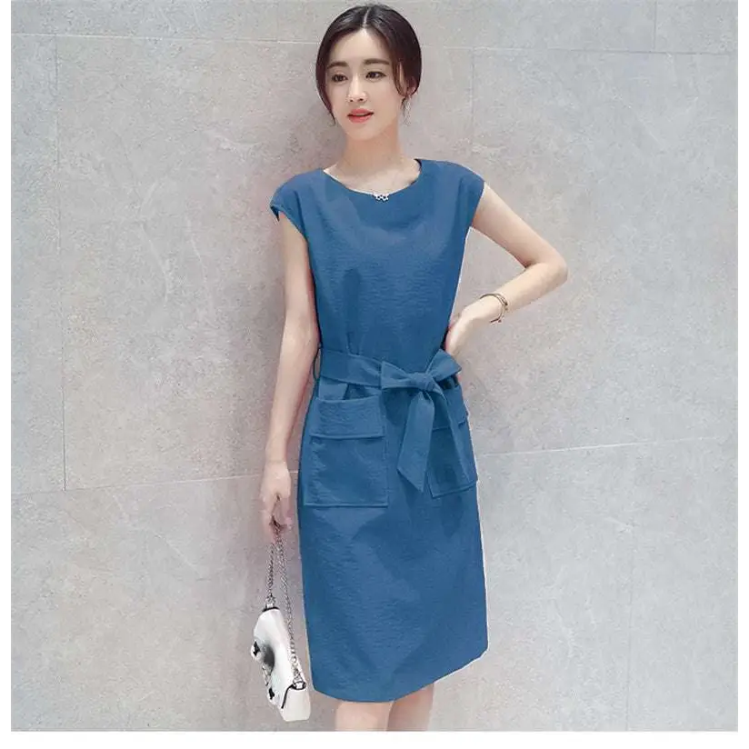 Blue petite fashion lace-up student dress with tied waistband front pockets and sleeveless knee-length design