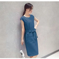 A navy blue petite fashion lace-up dress with a round neckline, tied waistband, and front patch pockets