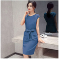 Blue petite fashion lace-up student dress with tied waistband, sleeveless design, knee-length, and front pockets