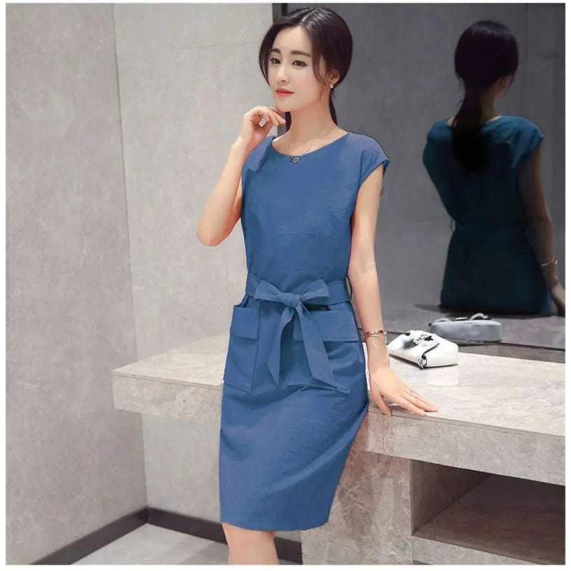 Blue petite fashion lace-up student dress with tied waistband, sleeveless design, knee-length, and front pockets