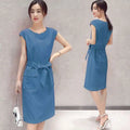 Blue petite fashion lace-up student dress with tied waistband sleeveless knee-length design and front pockets