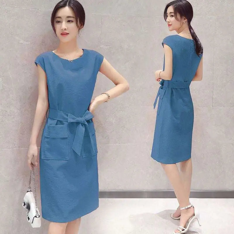 Blue petite fashion lace-up student dress with tied waistband sleeveless knee-length design and front pockets