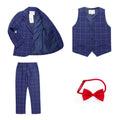 Blue plaid children’s three-piece fashion suit set with matching vest, pants, and red bow tie for comfort and style
