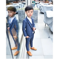 Blue plaid children’s three-piece fashion suit with white shirt and tan leather shoes for comfort and style