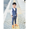 Blue plaid children’s three-piece fashion suit with vest featuring three black buttons and matching comfort pants