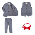 Blue plaid children’s three-piece fashion suit in gray plaid with matching vest pants and bright red bow tie for comfort suit
