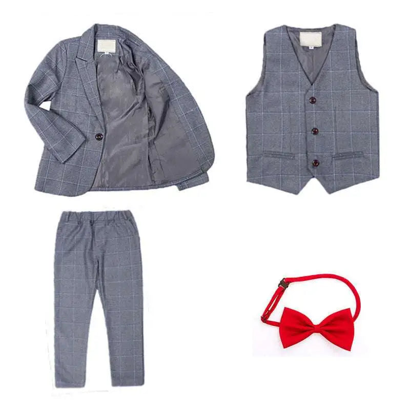 Blue plaid children’s three-piece fashion suit in gray plaid with matching vest pants and bright red bow tie for comfort suit