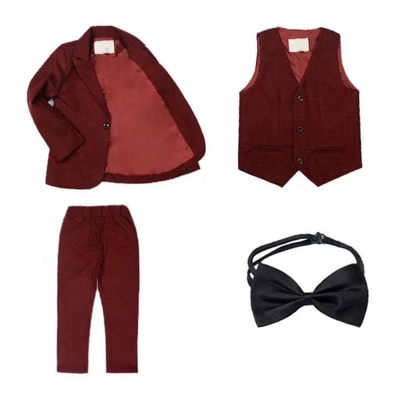 Maroon corduroy children’s three-piece fashion suit with matching vest pants and black satin bow tie for comfort wear