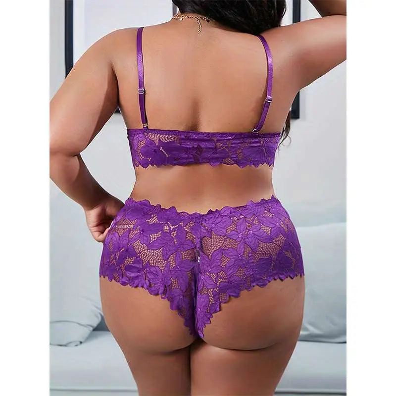 Blue plus size lace lingerie set in mesh with satin ribbon detailing suitable for elegant underwear wear