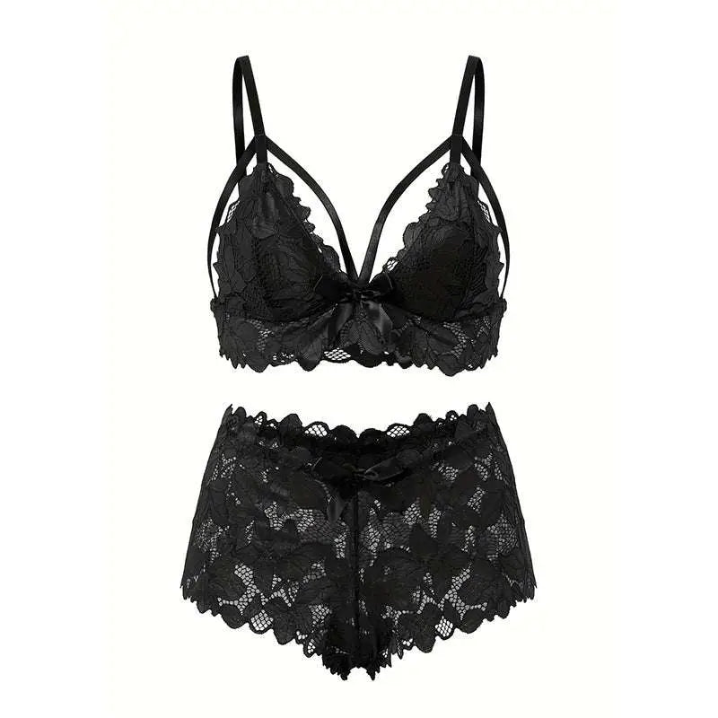 Black lace lingerie set with floral detailing and scalloped shorts featuring satin ribbon in a plus size underwear mesh suit