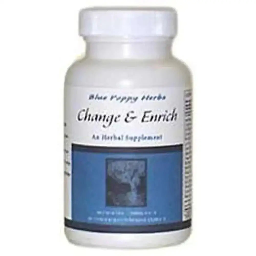 White plastic bottle of blue poppy poppy change enrich caps health featuring a blue and white label with a tree image