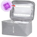 Blue portable disinfection bag with gray fabric lining and two horizontal led uv light strips for baby bottle cosmetic use