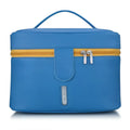 Blue textured portable disinfection bag for baby bottles with yellow zipper and silver hardware for cosmetic use
