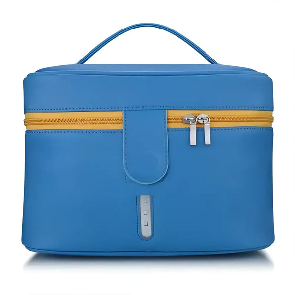 Blue textured portable disinfection bag for baby bottles with yellow zipper and silver hardware for cosmetic use