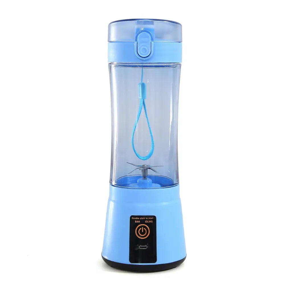 Light blue portable electric fruit juicer with transparent body and usb rechargeable mixer base and matching lid