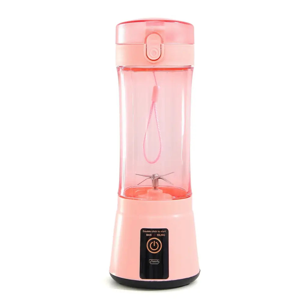 Blue portable electric fruit juicer usb rechargeable mixer with a pink transparent container and matching lid with control buttons