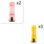 Pink and yellow portable electric fruit juicer with clear body usb rechargeable mixer and black base power button