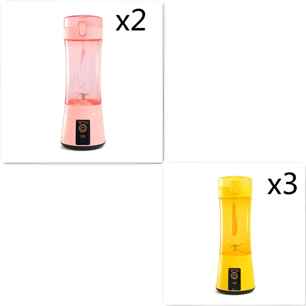 Pink and yellow portable electric fruit juicer with clear body usb rechargeable mixer and black base power button