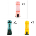 Pink translucent plastic travel blender with matching lid and black base for blue portable electric usb rechargeable mixer