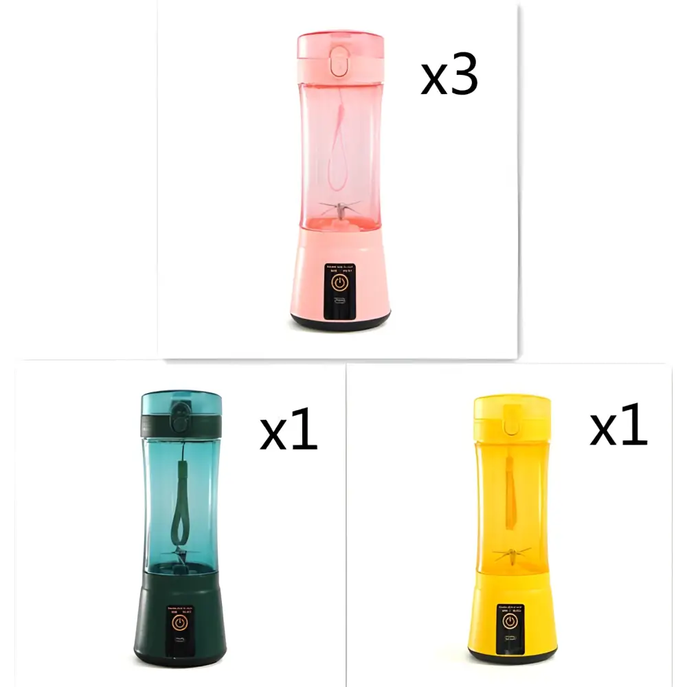 Pink translucent plastic travel blender with matching lid and black base for blue portable electric usb rechargeable mixer