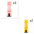 Blue portable electric usb rechargeable mixer with pink and yellow transparent body and black control panel base electric fruit juicer