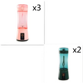 Blue portable electric fruit juicer usb rechargeable mixer with pink and teal clear body black base and power button