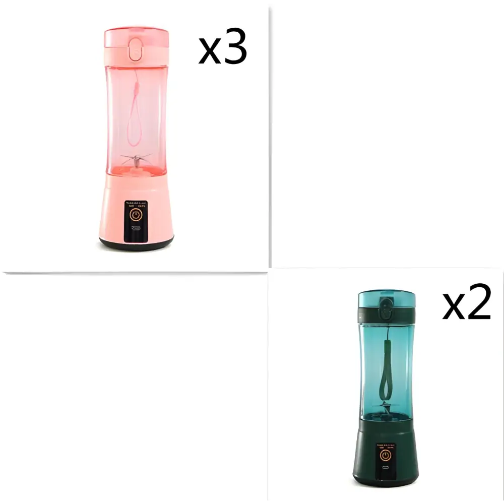 Blue portable electric fruit juicer usb rechargeable mixer with pink and teal clear body black base and power button