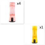 Pink and yellow portable electric fruit juicer with clear plastic body and black base usb rechargeable mixer