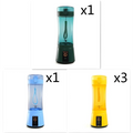 Blue portable electric fruit juicer with teal and black usb rechargeable mixer featuring transparent body and built-in blade system