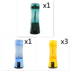 Blue portable electric fruit juicer with teal and black usb rechargeable mixer featuring transparent body and built-in blade system