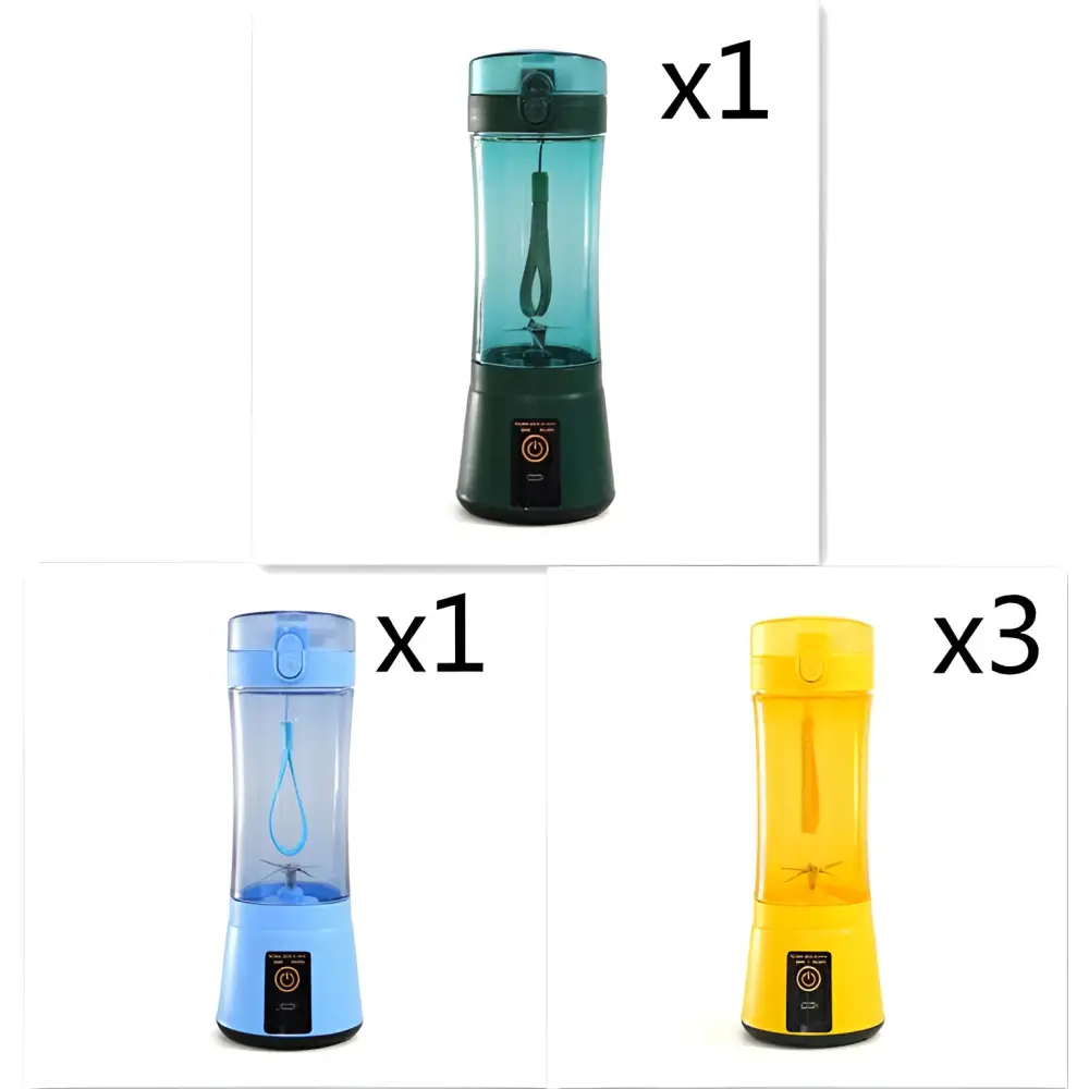 Blue portable electric fruit juicer with teal and black usb rechargeable mixer featuring transparent body and built-in blade system