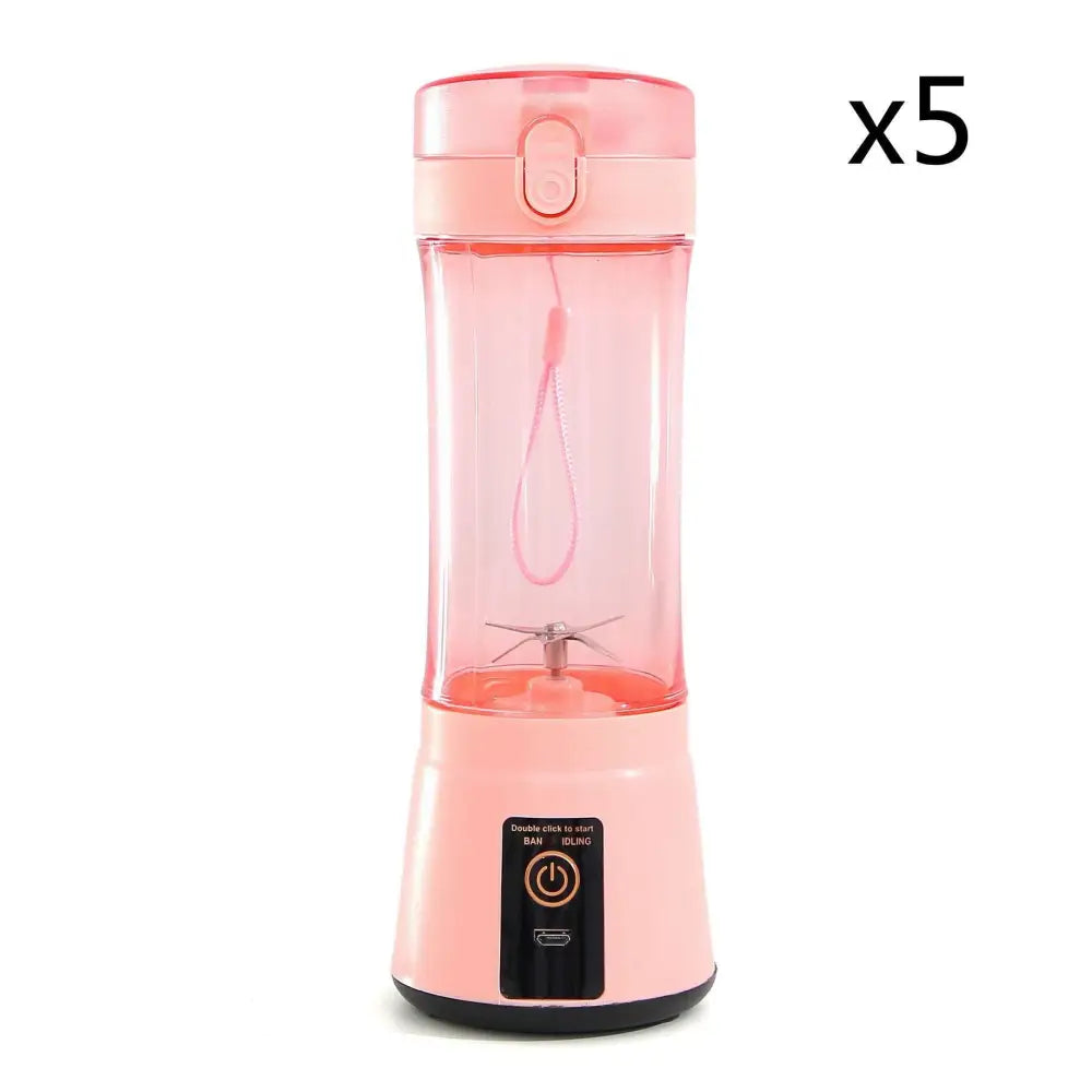 Pink portable electric fruit juicer with transparent body and usb rechargeable mixer base for convenient use
