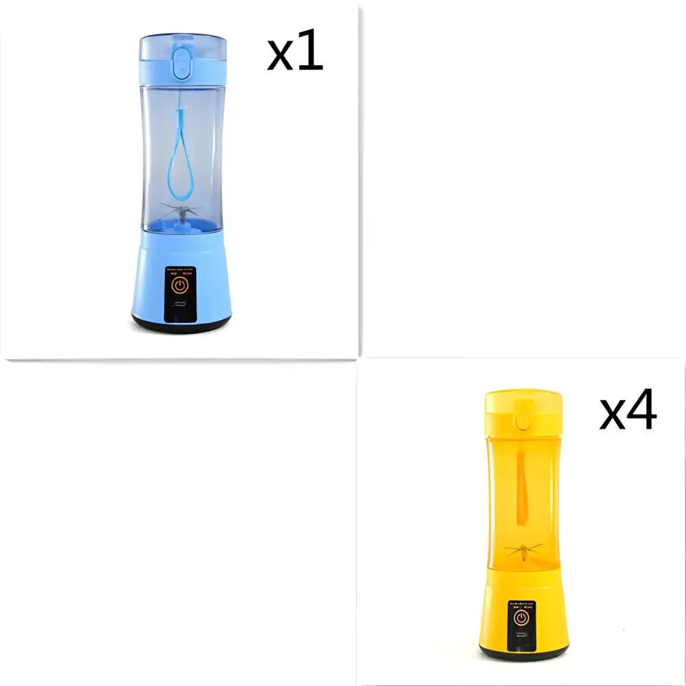 Blue portable electric handheld fruit juicer with usb rechargeable mixer featuring a black base and orange power button
