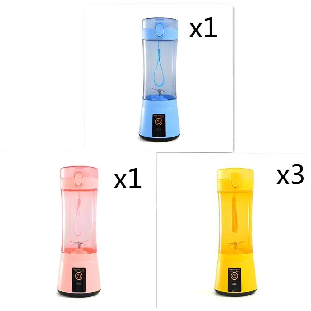 Blue portable electric fruit juicer made of translucent plastic with usb rechargeable mixer and integrated power button