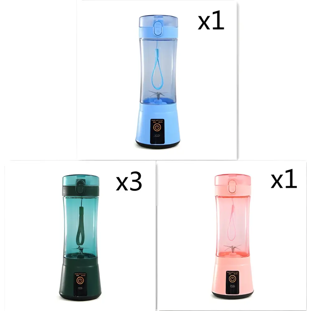 Blue portable electric fruit juicer made of transparent plastic with usb rechargeable mixer and built-in handle