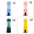 Blue portable electric usb rechargeable mixer bottles in blue pink teal and yellow with transparent bodies and control panels