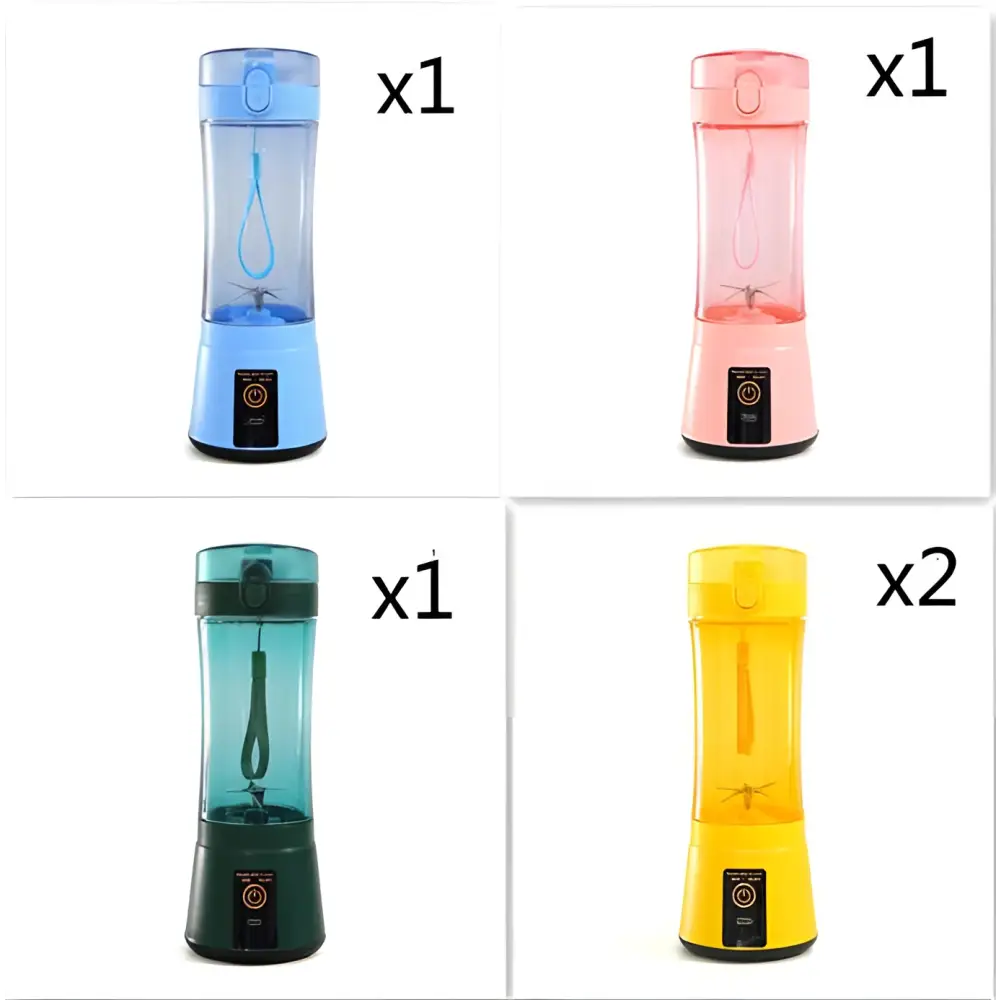 Blue portable electric usb rechargeable mixer bottles in blue pink teal and yellow with transparent bodies and control panels