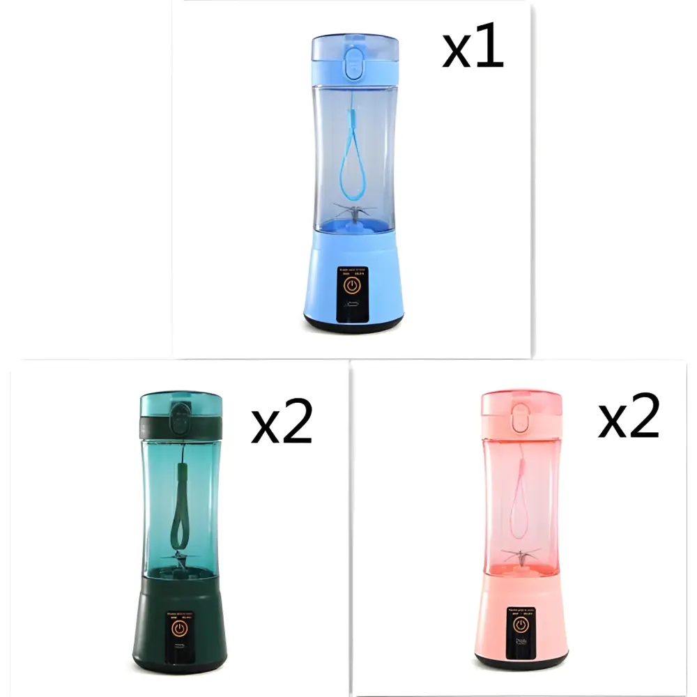 Blue portable electric fruit juicer usb rechargeable mixer with transparent body and power button on the base