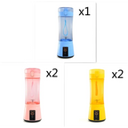 Blue portable electric fruit juicer made of translucent plastic with usb rechargeable mixer and integrated power button