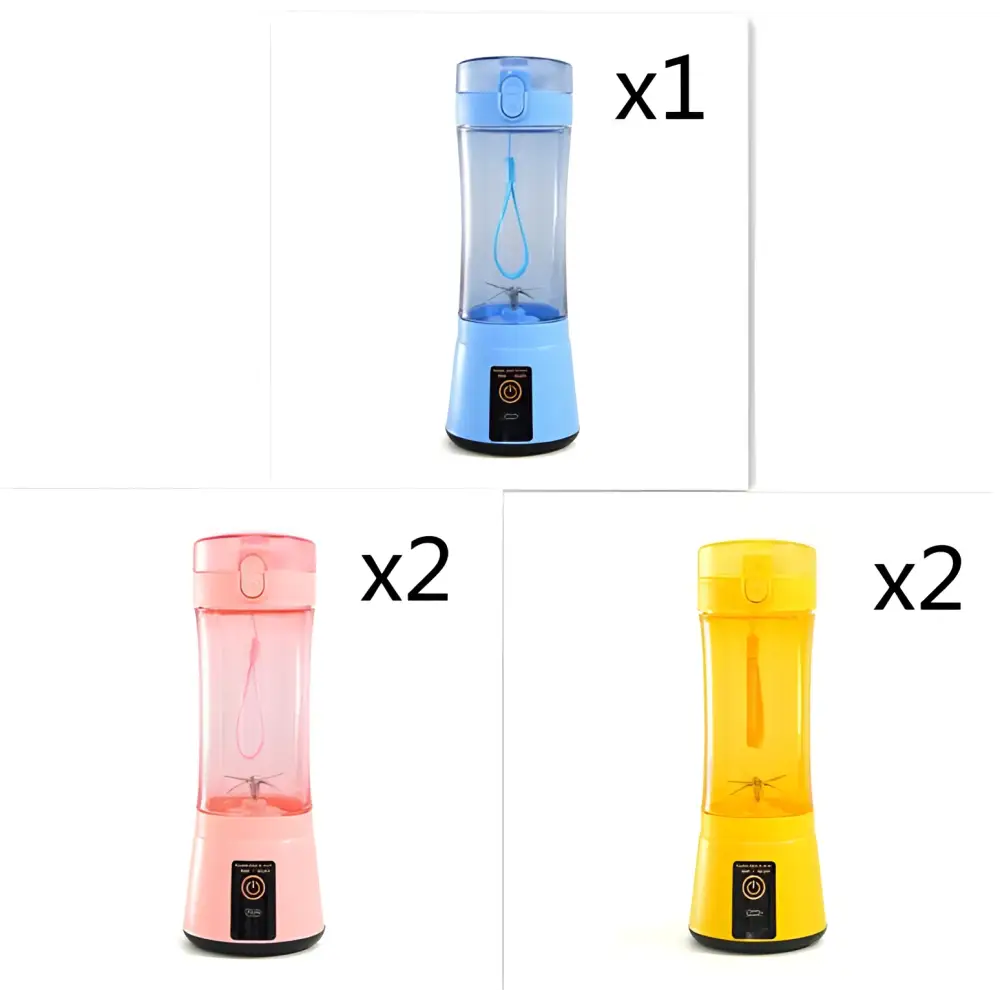 Blue portable electric fruit juicer made of translucent plastic with usb rechargeable mixer and integrated power button