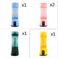 Blue portable electric fruit juicer usb rechargeable mixer with transparent body and black base in pink teal yellow colors