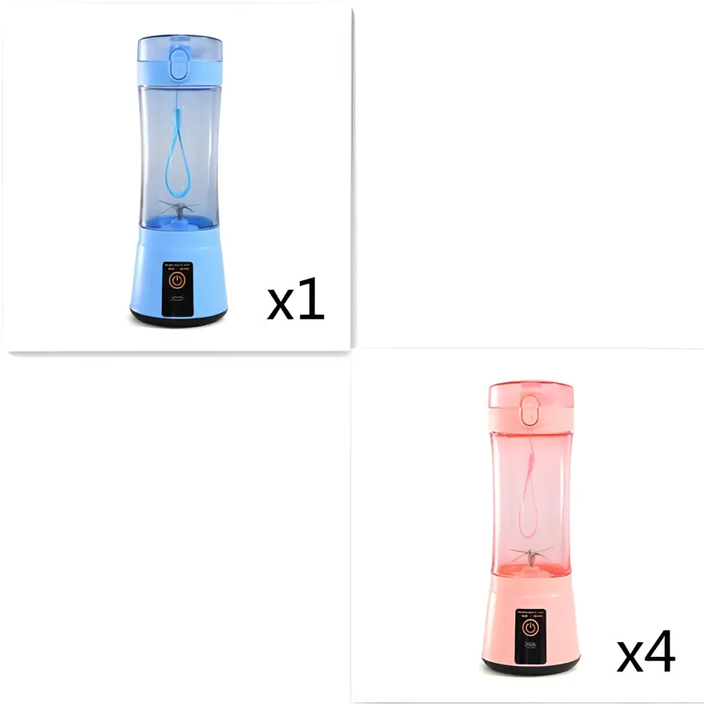 Blue portable electric fruit juicer usb rechargeable mixer with transparent body black base and top handle